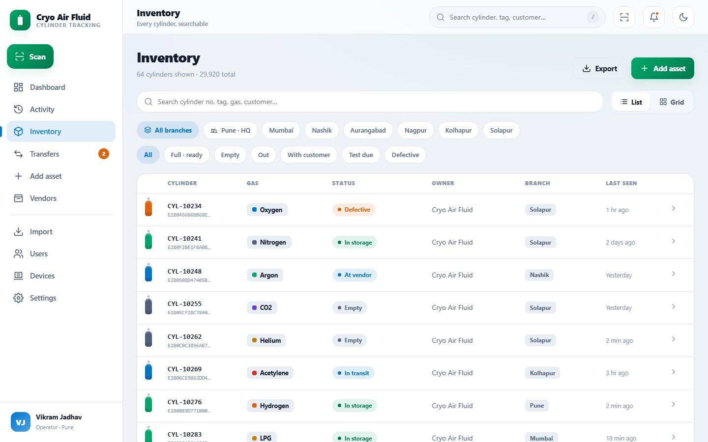Cryo Air Fluid inventory view