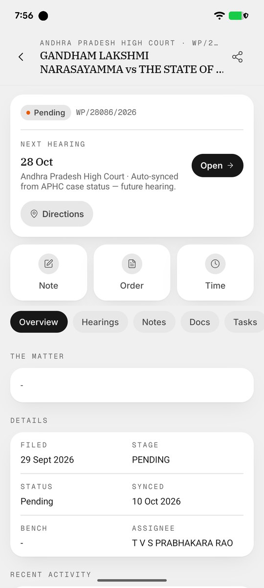VakeelOS phone app case detail with the next hearing and quick actions